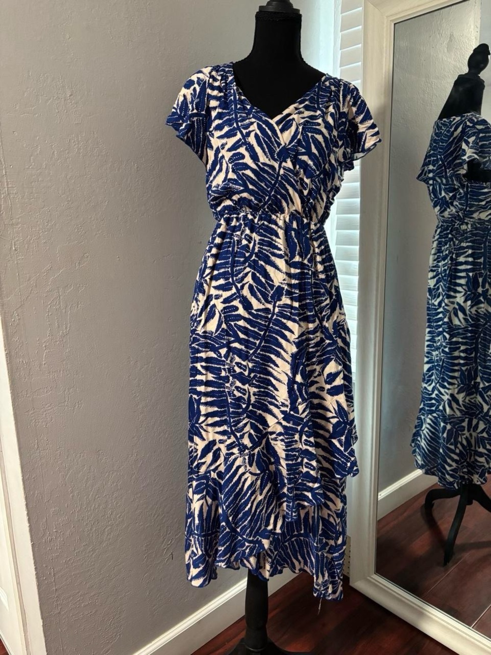 Blue and White Print Wrap Midi Dress